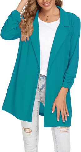 Unifizz Women's 3/4 Sleeve Blazer Open Front Cardigan Jacket Work Office Blazer with Pockets - Turquoise Green, Size XL in Kuwait
