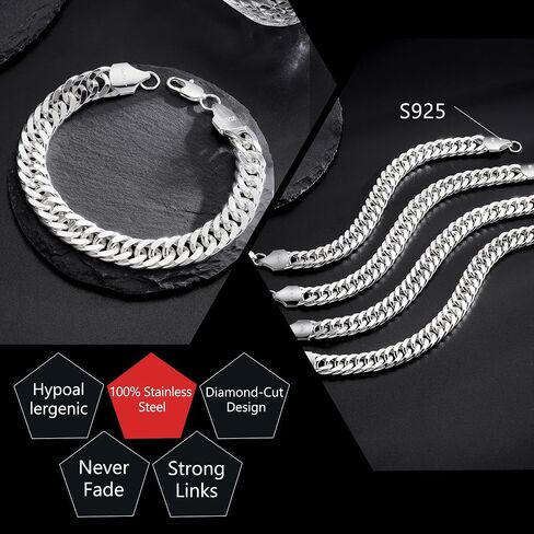 S925 Sterling Silver Chain Bracelet for Men - 12MM S925 Sterling Silver Over Cuban Chain Bracelet Diamond Cut Silver Bracelets Gifts for Men 7.5/8/8.5/9Inch in Saudi Arabia