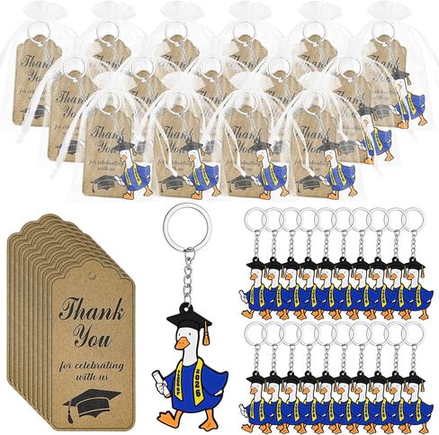 24 Set Class of 2026 Graduation Gifts Keychains with Thanks Cards Organza Bags 2026 Graduation Porch Goose Keychains Grad Congratulations Party Favors for University College High School Gifts (Blue) in Saudi Arabia