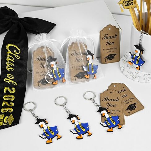 24 Set Class of 2026 Graduation Gifts Keychains with Thanks Cards Organza Bags 2026 Graduation Porch Goose Keychains Grad Congratulations Party Favors for University College High School Gifts (Blue) in Saudi Arabia