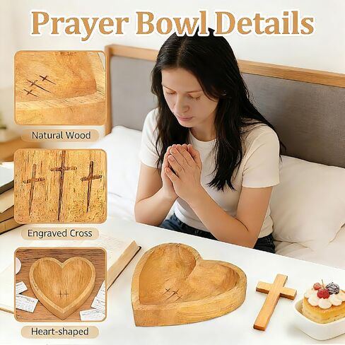 Prayer Bowl with 12 Cards, Heart Prayer Bowl Wooden, Christian Gifts for Women Men, Wood Prayer Dough Bowl, Heart Shaped Decor Bowl, Mothers Day Gifts Birthday Retirement Religious Gift for Mom Dad in Saudi Arabia