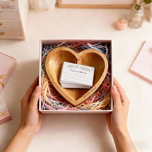 Prayer Bowl with 12 Cards, Heart Prayer Bowl Wooden, Christian Gifts for Women Men, Wood Prayer Dough Bowl, Heart Shaped Decor Bowl, Mothers Day Gifts Birthday Retirement Religious Gift for Mom Dad in Saudi Arabia