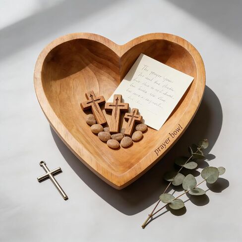 Prayer Bowl with 12 Cards, Heart Prayer Bowl Wooden, Christian Gifts for Women Men, Wood Prayer Dough Bowl, Heart Shaped Decor Bowl, Mothers Day Gifts Birthday Retirement Religious Gift for Mom Dad in Saudi Arabia
