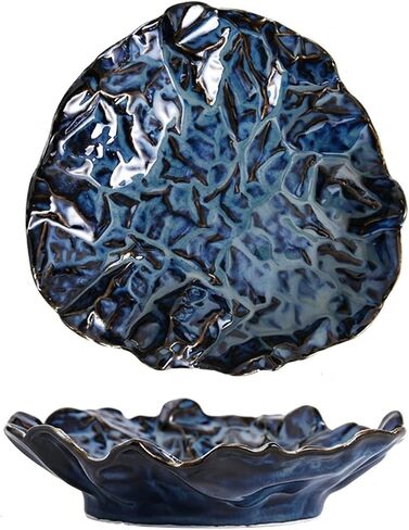 8.8" Medium-sized Ceramic Decorative Bowl 1 Piece - Hand-Kneaded Rustic Unique Kiln Transformed Serving Dish for Fruit, Salad, Jewelry, or Zen Home Decor (Reactive Glaze Blue) in Saudi Arabia