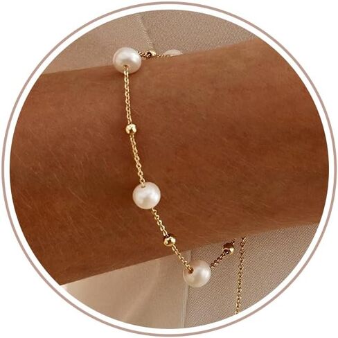 Pearl Gold Bracelets for Women Non Tarnish -14k Real Gold Plated Charm Beaded Bracelets White Brides Bridesmaid Wedding Dainty Pearl Bracelet Gold Jewelry for Women Accesory Birthday Gifts in Saudi Arabia