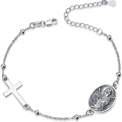 Patron Saint Bracelets, 925 Sterling Silver Bracelet Cross, Catholic Jewelry Religious Medal Christian Gifts For Women with 7"+2" Adjustable Cable Chain in Kuwait