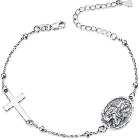 Patron Saint Bracelets, 925 Sterling Silver Bracelet Cross, Catholic Jewelry Religious Medal Christian Gifts For Women with 7"+2" Adjustable Cable Chain in Saudi Arabia