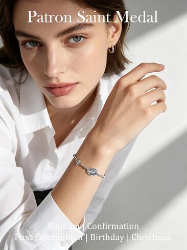 Patron Saint Bracelets, 925 Sterling Silver Bracelet Cross, Catholic Jewelry Religious Medal Christian Gifts For Women with 7"+2" Adjustable Cable Chain in Kuwait