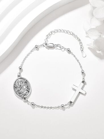 Patron Saint Bracelets, 925 Sterling Silver Bracelet Cross, Catholic Jewelry Religious Medal Christian Gifts For Women with 7"+2" Adjustable Cable Chain in Kuwait