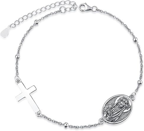 Patron Saint Bracelets, 925 Sterling Silver Bracelet Cross, Catholic Jewelry Religious Medal Christian Gifts For Women with 7"+2" Adjustable Cable Chain in Kuwait