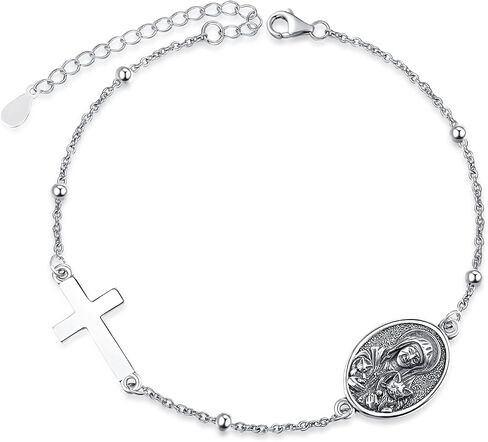 Patron Saint Bracelets, 925 Sterling Silver Bracelet Cross, Catholic Jewelry Religious Medal Christian Gifts For Women with 7"+2" Adjustable Cable Chain in Kuwait
