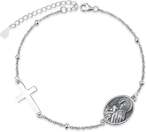 Patron Saint Bracelets, 925 Sterling Silver Bracelet Cross, Catholic Jewelry Religious Medal Christian Gifts For Women with 7"+2" Adjustable Cable Chain in Kuwait
