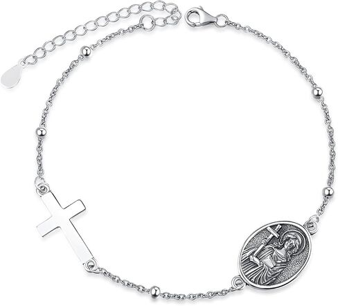Patron Saint Bracelets, 925 Sterling Silver Bracelet Cross, Catholic Jewelry Religious Medal Christian Gifts For Women with 7"+2" Adjustable Cable Chain in Kuwait