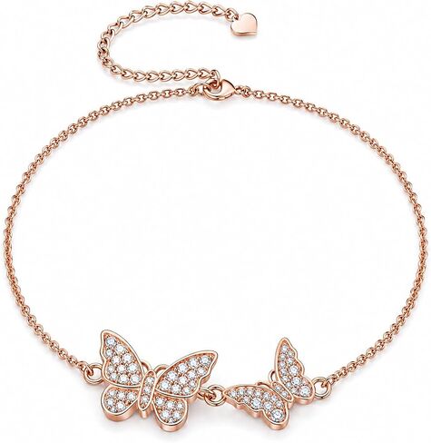 Moissanite Butterfly Bracelet for Women - D Color Lab Created Diamond Charm Jewelry with Double Locking Clasp - Rose Gold Plated Copper Butterfly Link Chain for Anniversaries and Birthdays in Saudi Arabia