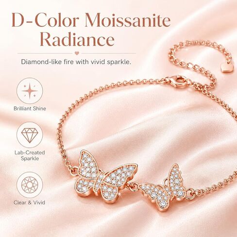 Moissanite Butterfly Bracelet for Women - D Color Lab Created Diamond Charm Jewelry with Double Locking Clasp - Rose Gold Plated Copper Butterfly Link Chain for Anniversaries and Birthdays in Saudi Arabia