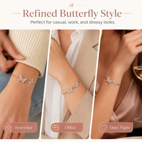 Moissanite Butterfly Bracelet for Women - D Color Lab Created Diamond Charm Jewelry with Double Locking Clasp - Rose Gold Plated Copper Butterfly Link Chain for Anniversaries and Birthdays in Saudi Arabia