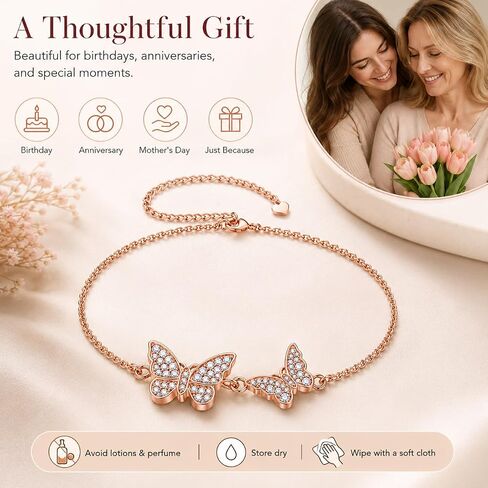 Moissanite Butterfly Bracelet for Women - D Color Lab Created Diamond Charm Jewelry with Double Locking Clasp - Rose Gold Plated Copper Butterfly Link Chain for Anniversaries and Birthdays in Saudi Arabia