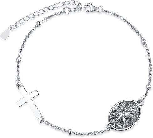 Patron Saint Bracelets, 925 Sterling Silver Bracelet Cross, Catholic Jewelry Religious Medal Christian Gifts For Women with 7"+2" Adjustable Cable Chain in Kuwait