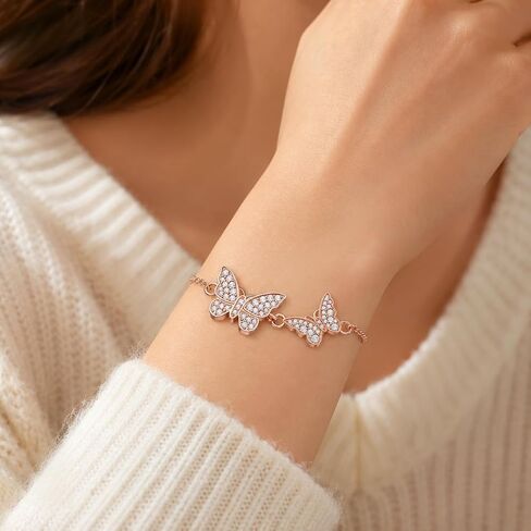 Moissanite Butterfly Bracelet for Women - D Color Lab Created Diamond Charm Jewelry with Double Locking Clasp - Rose Gold Plated Copper Butterfly Link Chain for Anniversaries and Birthdays in Saudi Arabia
