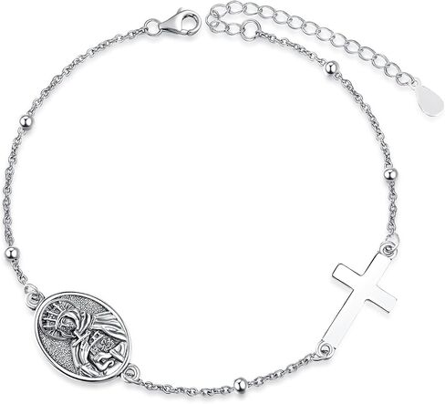 Patron Saint Bracelets, 925 Sterling Silver Bracelet Cross, Catholic Jewelry Religious Medal Christian Gifts For Women with 7"+2" Adjustable Cable Chain in Kuwait