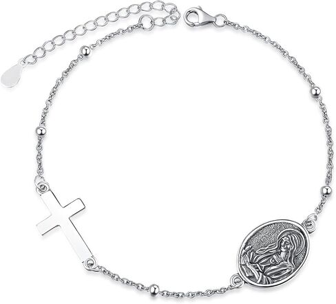 Patron Saint Bracelets, 925 Sterling Silver Bracelet Cross, Catholic Jewelry Religious Medal Christian Gifts For Women with 7"+2" Adjustable Cable Chain in Kuwait