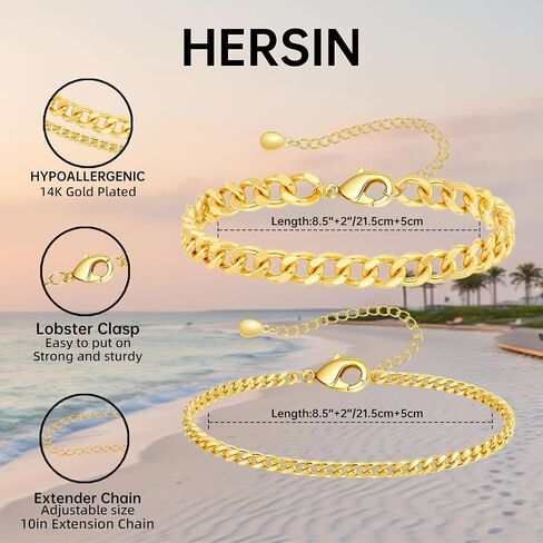 HERSIN Gold Ankle Bracelets for Women Trendy, 14K Gold Plated Anklets Waterproof Chunky Cuban Link Anklet Bracelet for Women Non Tarnish Summer Beach Jewelry Gifts in Saudi Arabia