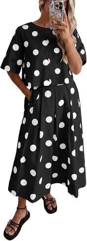 Tankaneo Womens Polka Dot 2 Piece Skirt Sets Summer Tie Back Tops Pleated Maxi Skirts Matching Set Beach Vacation Outfits in Saudi Arabia