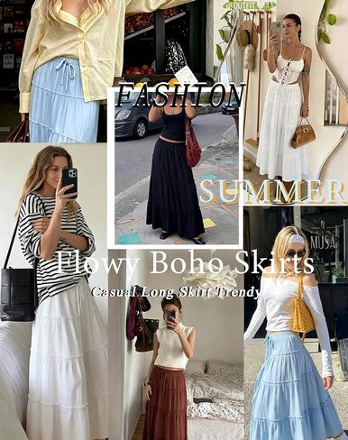 Maxi Skirts for Women, Elastic High Waist A-Line Tiered Boho Long Flowy Skirts 2026 Summer Dress with Drawstring in Saudi Arabia