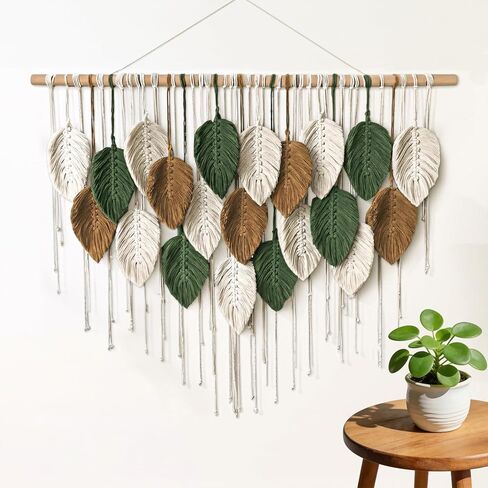 OUEST Large Macrame Wall Hanging Boho Woven Tapestry, Handmade Leaf Feather Bohemian Wall Art Decor, Chic Modern Home Decor for Living Room Bedroom Nursery Dorm Apartment Backdrop 39" W x 29.5" L in Saudi Arabia
