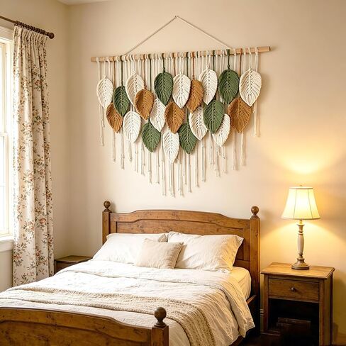 OUEST Large Macrame Wall Hanging Boho Woven Tapestry, Handmade Leaf Feather Bohemian Wall Art Decor, Chic Modern Home Decor for Living Room Bedroom Nursery Dorm Apartment Backdrop 39" W x 29.5" L in Saudi Arabia