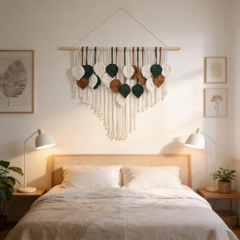 OUEST Large Macrame Wall Hanging Boho Woven Tapestry, Handmade Leaf Feather Bohemian Wall Art Decor, Chic Modern Home Decor for Living Room Bedroom Nursery Dorm Apartment Backdrop 39" W x 29.5" L in Saudi Arabia