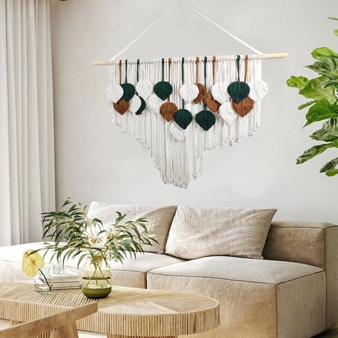 OUEST Large Macrame Wall Hanging Boho Woven Tapestry, Handmade Leaf Feather Bohemian Wall Art Decor, Chic Modern Home Decor for Living Room Bedroom Nursery Dorm Apartment Backdrop 39" W x 29.5" L in Saudi Arabia