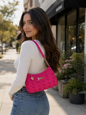 Juicy Couture Women’s Juicy Forever Shoulder Bag, Mini Monogram Shoulder Purse with Chain Strap, Heart Charm & Zip Closure, Trendy Y2K Handbag 10x6 in (Pink Flash) in Saudi Arabia