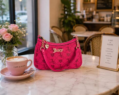 Juicy Couture Women’s Juicy Forever Shoulder Bag, Mini Monogram Shoulder Purse with Chain Strap, Heart Charm & Zip Closure, Trendy Y2K Handbag 10x6 in (Pink Flash) in Saudi Arabia