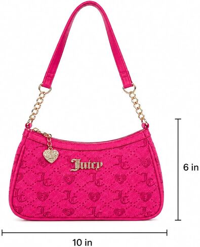 Juicy Couture Women’s Juicy Forever Shoulder Bag, Mini Monogram Shoulder Purse with Chain Strap, Heart Charm & Zip Closure, Trendy Y2K Handbag 10x6 in (Pink Flash) in Saudi Arabia