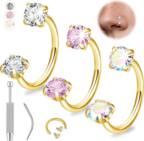 Aidenn 20G Horseshoe Nose Ring Piercing for Women, 6–8mm CZ Nose Ring Set Gold & Silver, Surgical Steel Horseshoe Piercing Jewelry with Double CZ, for Cartilage Helix Tragus Earring Labret Lip With Tool in Saudi Arabia