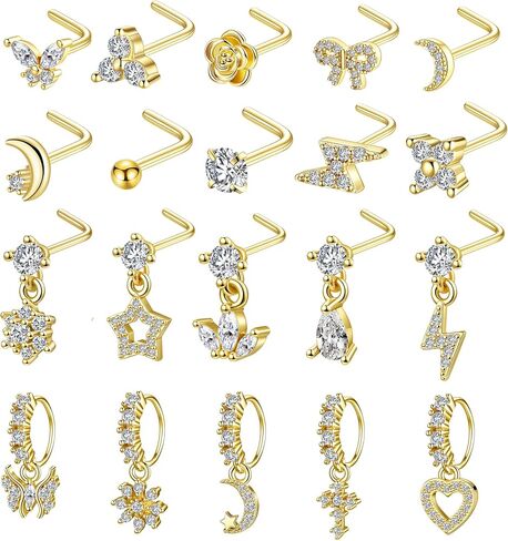 20Pcs Gold/Silver Dangle Nose Ring L Shaped Dangling Nose Stud Stainless Steel Nose Ring Studs CZ Cross Heart Snowflower Butterfly Moon Flower Dangle Nose Rings Hoops Nose Piercing 20G for Women in Saudi Arabia