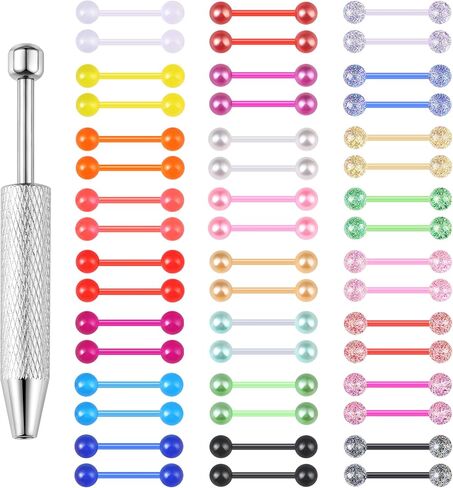 48Pcs 14G Glow in Dark Flexible Acrylic Straight Tongue Ring Barbell for Women Candy Color Tongue Piercing Jewelry 14mm Bar Tongue Rings Piercing Ball Grabber Set in Saudi Arabia