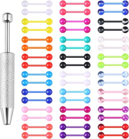 48Pcs 14G Glow in Dark Flexible Acrylic Straight Tongue Ring Barbell for Women Candy Color Tongue Piercing Jewelry 14mm Bar Tongue Rings Piercing Ball Grabber Set in Saudi Arabia