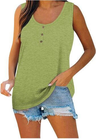 Women's Tank Tops Summer Henley Shirts Loose Fit Casual Elegant Scoop Neck Button Down Sleeveless Tunics Blouses in Saudi Arabia