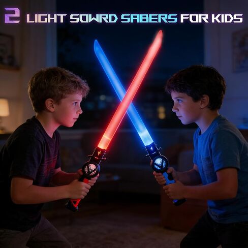 2-Pack Rechargeable Light Up Sword Sabers for Kids – 15 Colors, Light & Sound FX, Connectable Double Blade, Retractable LED Toy Light Sword Saber Katana for Boys & Girls in Saudi Arabia