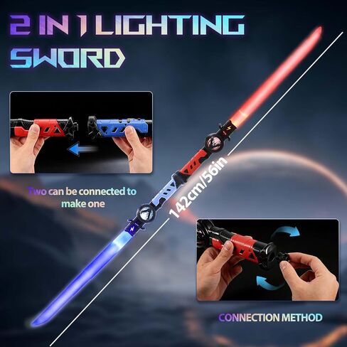 2-Pack Rechargeable Light Up Sword Sabers for Kids – 15 Colors, Light & Sound FX, Connectable Double Blade, Retractable LED Toy Light Sword Saber Katana for Boys & Girls in Saudi Arabia