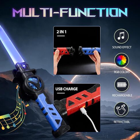 2-Pack Rechargeable Light Up Sword Sabers for Kids – 15 Colors, Light & Sound FX, Connectable Double Blade, Retractable LED Toy Light Sword Saber Katana for Boys & Girls in Saudi Arabia