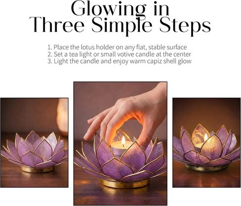 OM Gallery Gemstone Lotus Tealight Holder - Handcrafted Capiz Shell Design for Soft Glow, Elegant Home & Table Decor, Wedding Centerpieces, Votive Candle Styling, and Thoughtful Gifting - Amethyst in Saudi Arabia