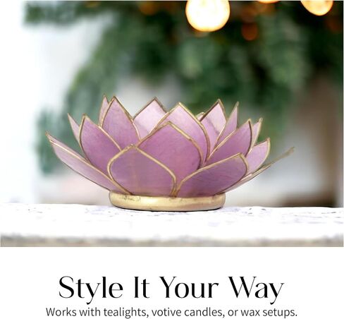 OM Gallery Gemstone Lotus Tealight Holder - Handcrafted Capiz Shell Design for Soft Glow, Elegant Home & Table Decor, Wedding Centerpieces, Votive Candle Styling, and Thoughtful Gifting - Amethyst in Saudi Arabia