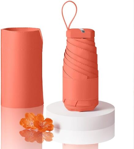 Small Mini Umbrella For Travel Compact UV Umbrella For Sun&Rain Windproof Lightweight Simple Color Flod Umbrella For Women Man Kids（Orange Pink） in Saudi Arabia