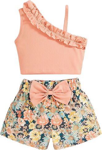 VARMILO Toddler Girls Short Sets,Single Shoulder Ruffle Tank Top and Floral Bow Shorts Set for Summer Casual Wear (Ages 2-8) in Kuwait