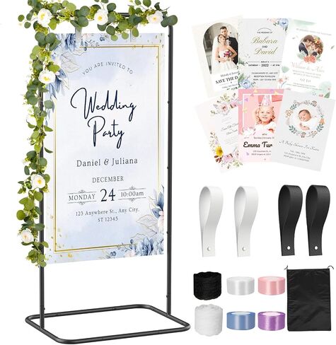 Wedding Welcome Sign Stand, Adjustable Welcome to Our Wedding Sign Holder with Poster Design & Leather Hanging Straps & Vine, Black Easel Stand for Welcome Sign, Party, Seating Charts, Wedding Decor in Kuwait