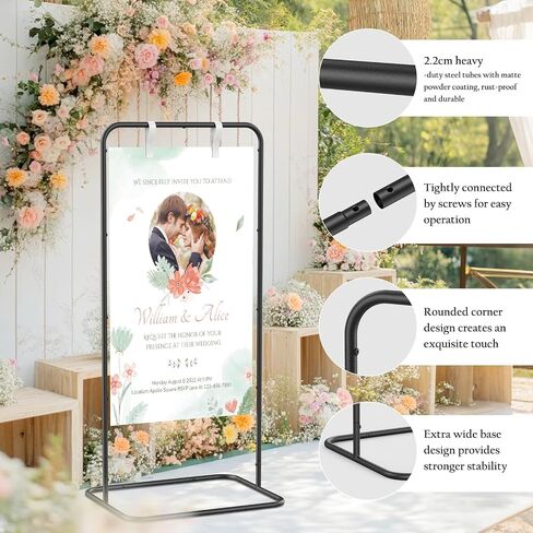 Wedding Welcome Sign Stand, Adjustable Welcome to Our Wedding Sign Holder with Poster Design & Leather Hanging Straps & Vine, Black Easel Stand for Welcome Sign, Party, Seating Charts, Wedding Decor in Kuwait