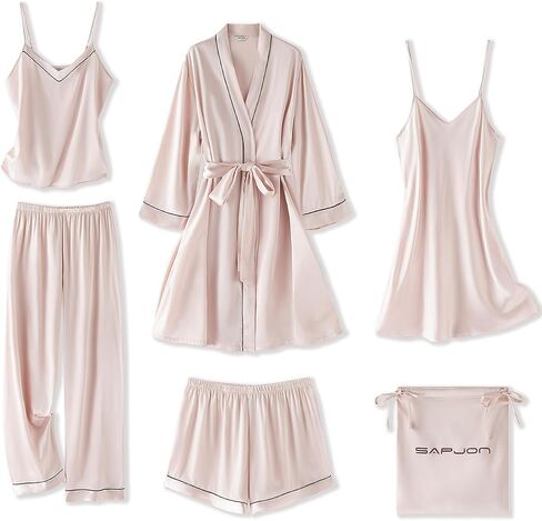 SAPJON Silk Pajamas for Women Set 6Pcs Satin Pjs V Neck Sexy Lingerie Sleepwear Cami Shorts Robe Nightwear Pj Set in Saudi Arabia